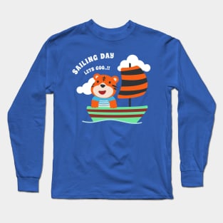 Funny tiger sailor cartoon vector on little boat with cartoon style. Long Sleeve T-Shirt